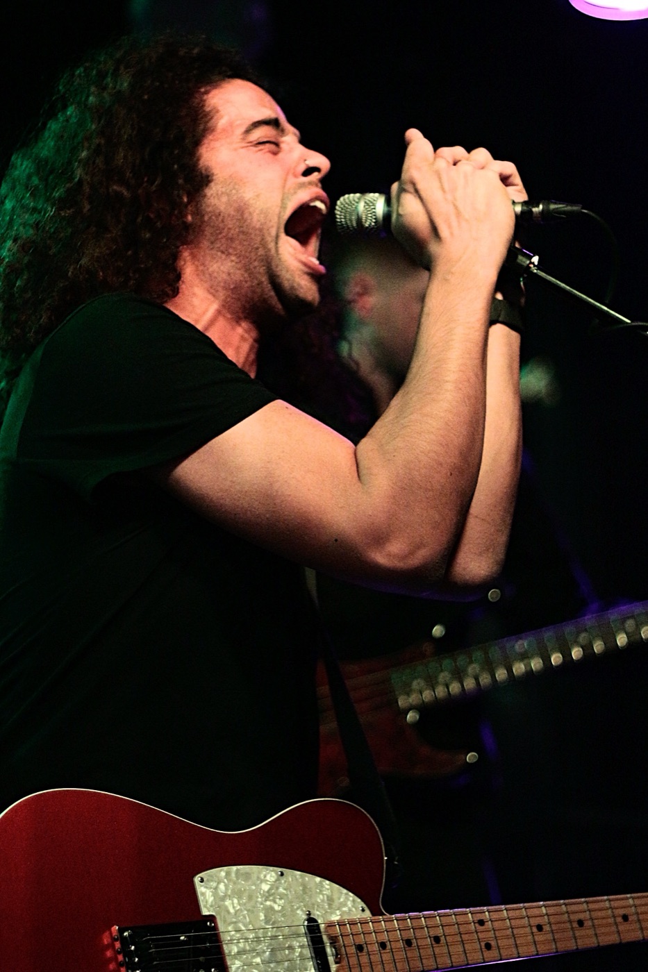 Lorne singing on stage with a red Telecaster